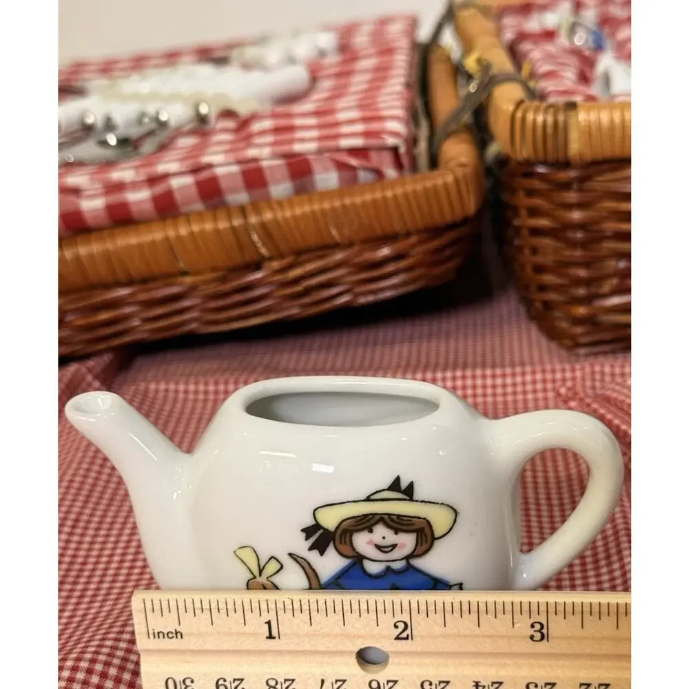 Vintage Schylling Madeline Tea Set Wicker Picnic Basket Complete Set Gingham 90s